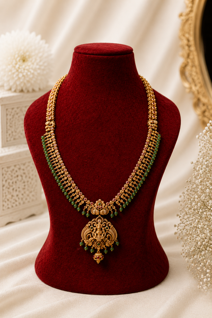 Antique Gold-Plated Temple Long Necklace Set with Emerald Green Bead Drops