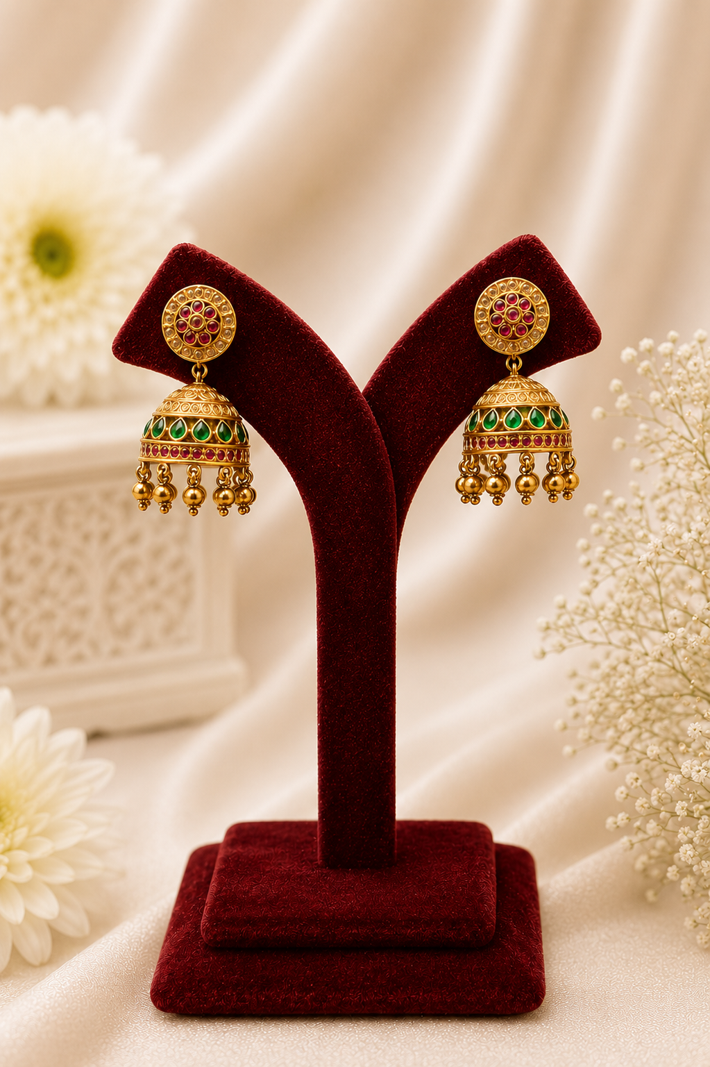 Long Antique Gold-Plated Haaram Set with Traditional Pendant & Jhumkas