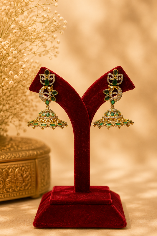 Antique Zircon Jhumka Earrings with Emerald Stones