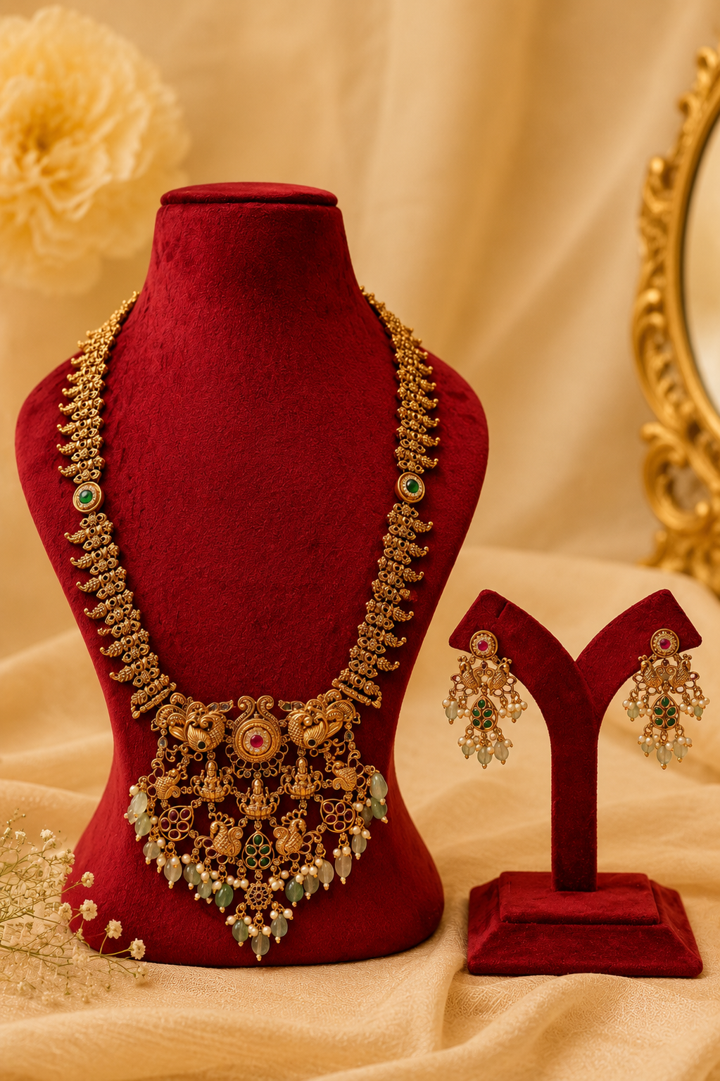 Antique Gold-Plated Temple Long Necklace Set with Mint Green & Blush Pink Stones