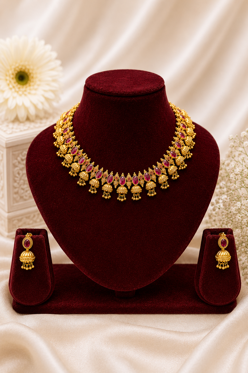 Antique Gold-Plated Choker Necklace Set with Ruby Stone Detailing & Gold Bead Hangings