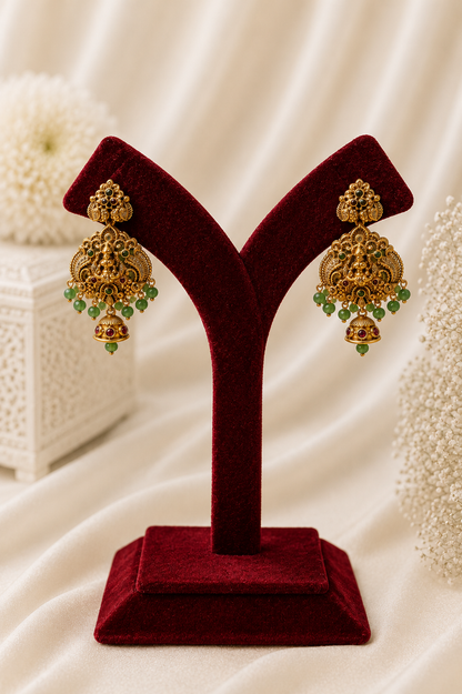 Antique Gold-Plated Temple Long Necklace Set with Emerald Green Bead Drops