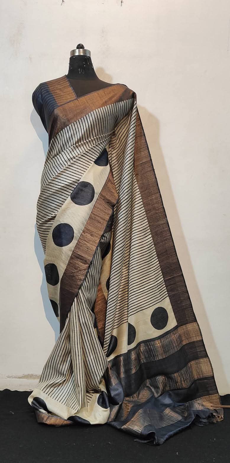 Geometric Patterned Pure Tussar Silk Saree-Monochrome|Silk Mark Certified