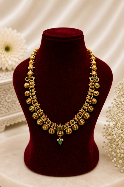 Antique Gold-Plated Coin Necklace Set with Emerald Detailing