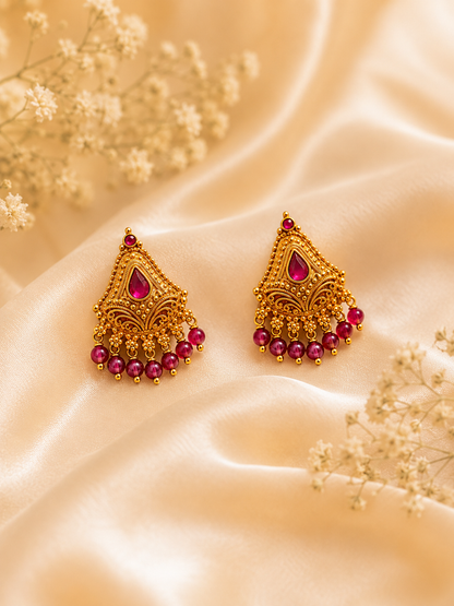 Antique Gold-Plated Gold Look Like Earring with Red Beads
