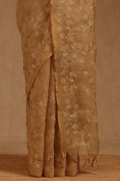 Embroidered Jute Linen Saree - Honey Beige