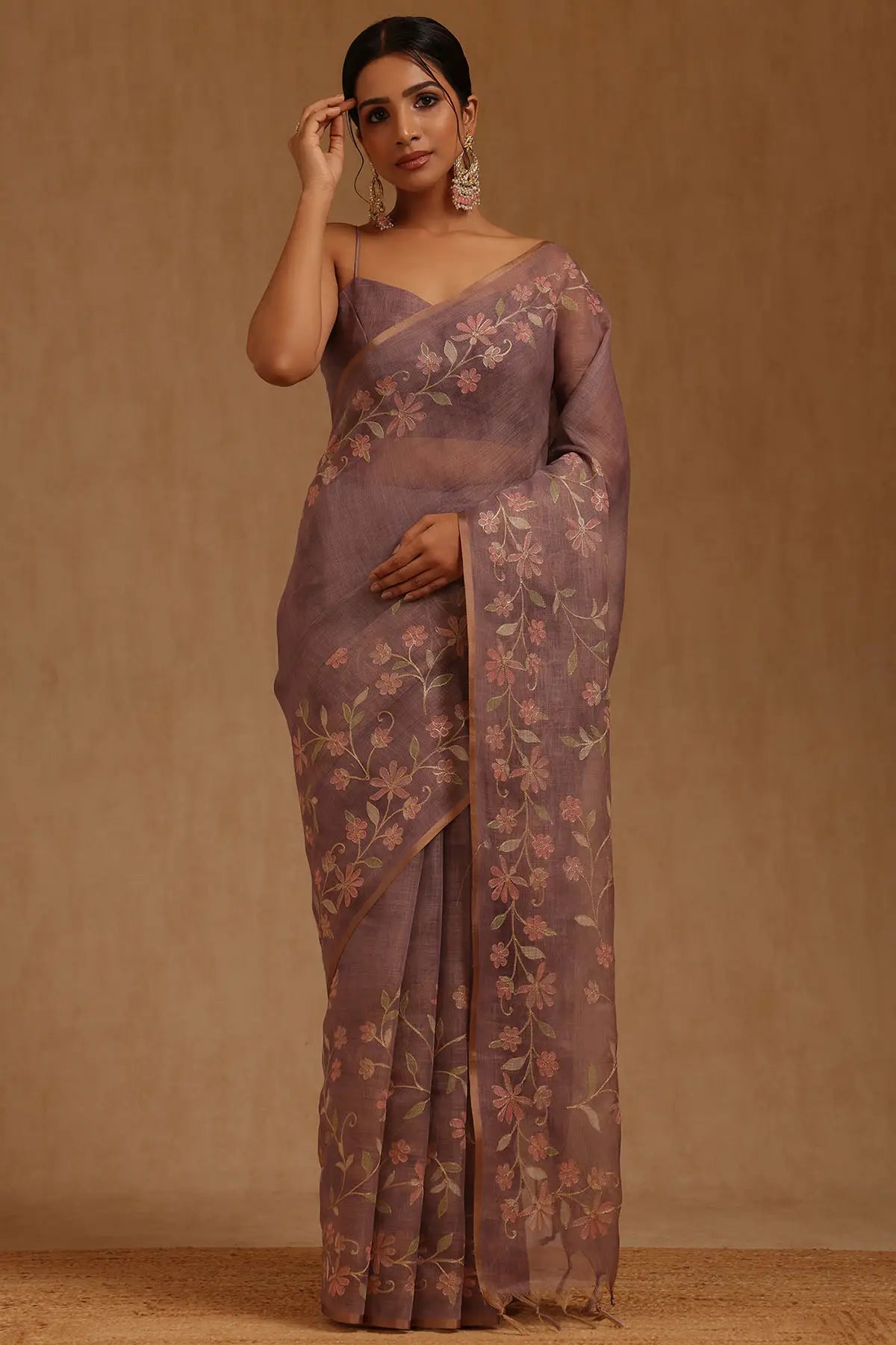 Embroidered Jute Linen Saree - Lilac