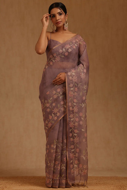 Embroidered Jute Linen Saree - Lilac