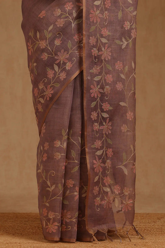 Embroidered Jute Linen Saree - Lilac