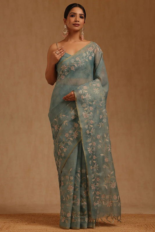 Embroidered Jute Linen Saree - Teal Blue