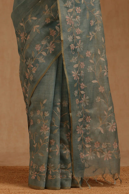 Embroidered Jute Linen Saree - Teal Blue