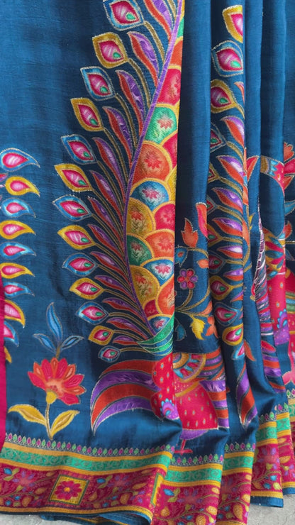 Kashmiri Pashmina Kani Silk Saree – Peacock Blue with Pink Contrast Blouse