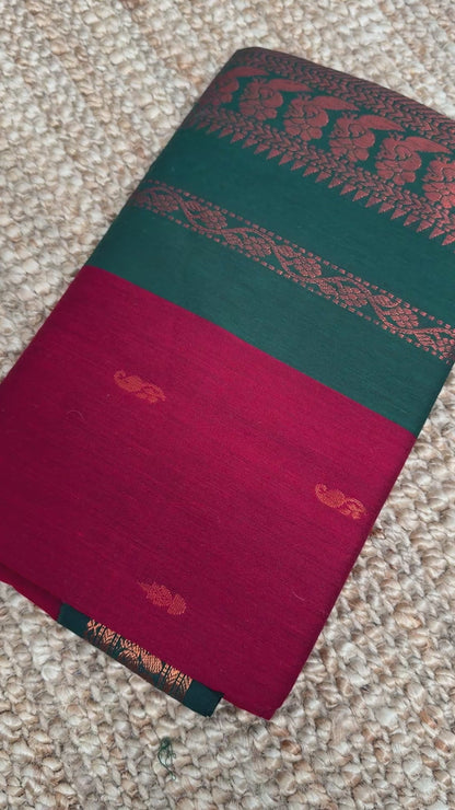 Kalyani Silk Cotton Saree - Red & Green