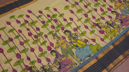 Handpainted Pen Kalamkari Bangalore Silk Saree – Beige & Black