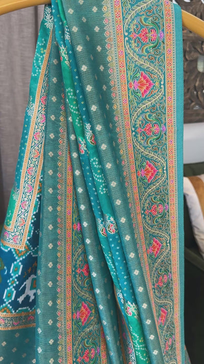 Lehariya Kashmiri Pashmina Saree - Teal
