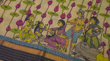 Handpainted Pen Kalamkari Bangalore Silk Saree – Beige & Black