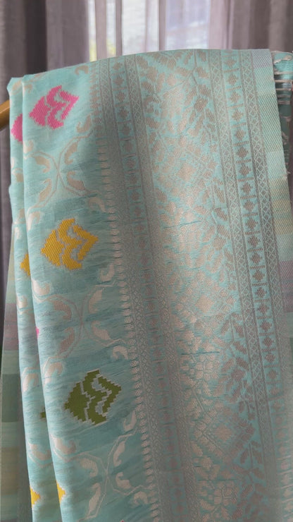 Cotton Silk Saree – Baby Blue with Meenakari Detailing and Gold Zari border