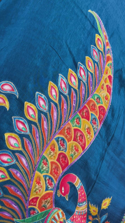 Kashmiri Pashmina Kani Silk Saree – Peacock Blue with Pink Contrast Blouse