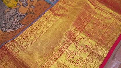 Handpainted Pen Kalamkari Pure Kanchipuram Silk Saree|Silk Mark Certified