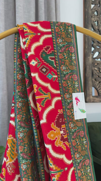 A Kashmiri Pashmina Banarasi Handwoven Sarees with Patola prints - Red with Green