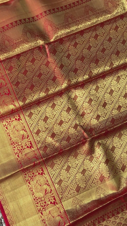 Gold & Red Pure Tissue Kanchipuram Silk Saree | Silk Mark Certified
