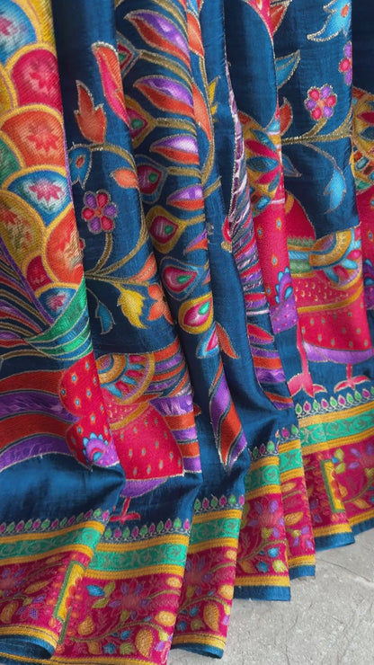 Kashmiri Pashmina Kani Silk Saree – Peacock Blue with Pink Contrast Blouse