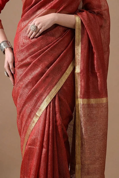 Coral Red & Gold Tissue Linen Saree